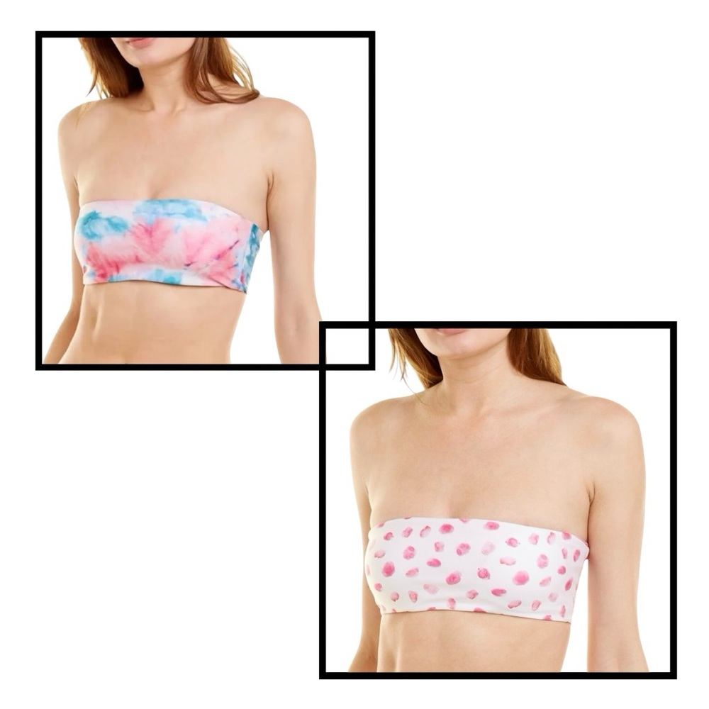 Splendid Reversible Bandeau Bikini Top Blue and Pink Tie Dye to Pink Polka Dot